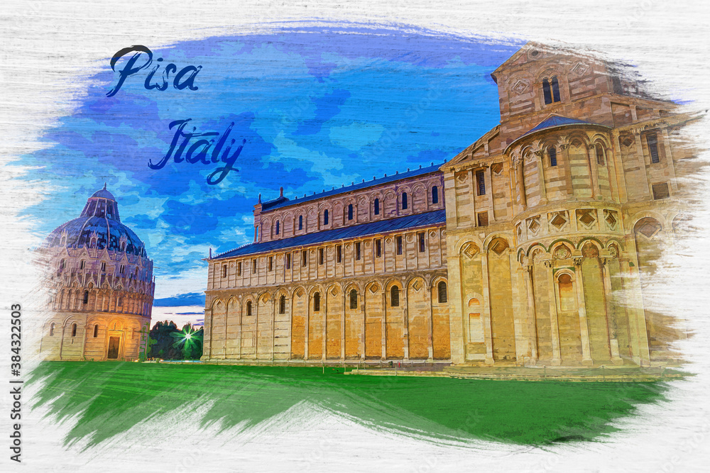 Watercolor painting of old monuments in Pisa