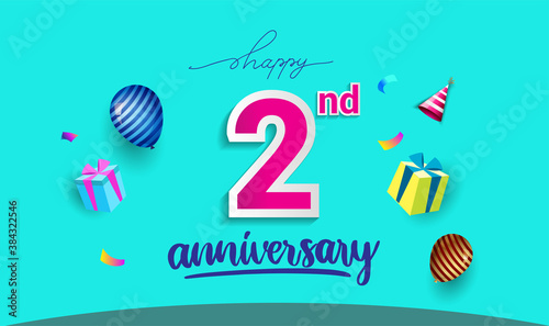 2nd Years Anniversary Celebration Design, with gift box and balloons, ribbon, Colorful Vector template elements for your birthday celebrating party.