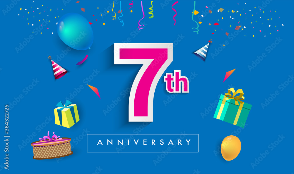 7th Years Anniversary Celebration Design, with gift box and balloons, ribbon, Colorful Vector template elements for your birthday celebrating party. 7th Years Anniversary Celebration Design, with gift box and balloons, ribbon, Colorful Vector template elements for your birthday celebrating party.