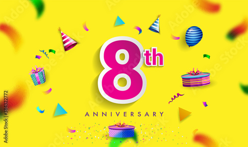 8th Years Anniversary Celebration Design, with gift box and balloons, ribbon, Colorful Vector template elements for your birthday celebrating party.