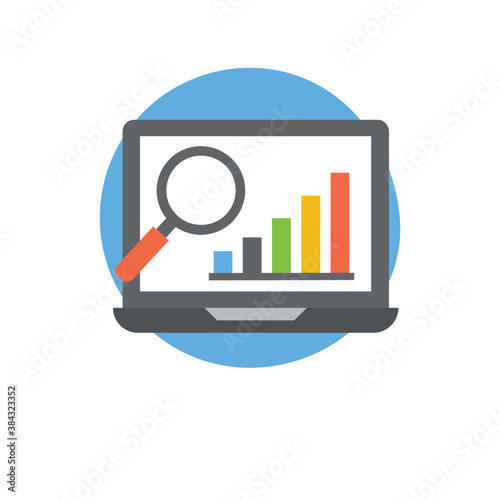  Bar chart on screen with dollar and magnifier showing icon for business strategy 