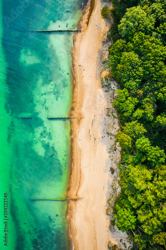Top down view of beach with turquoise water, Baltic Sea
