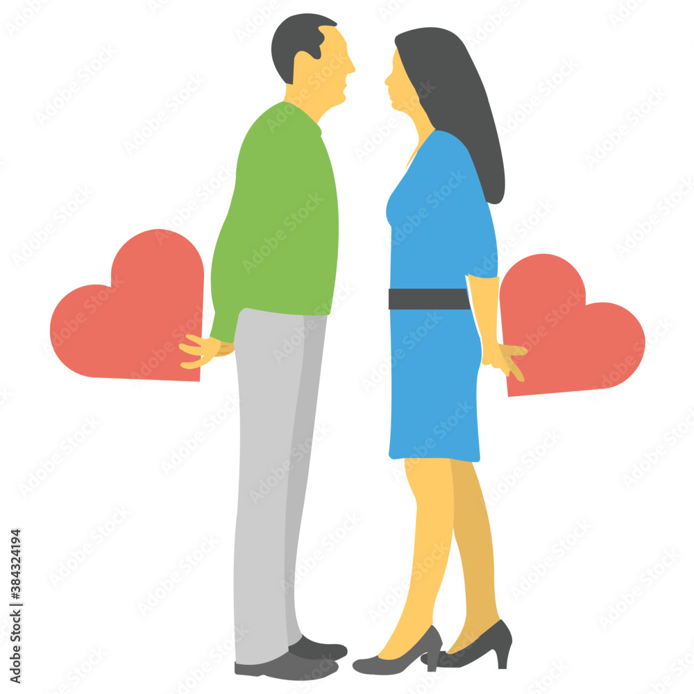 Couples together with little hearts, first love icon
Couples together with little hearts, first love icon