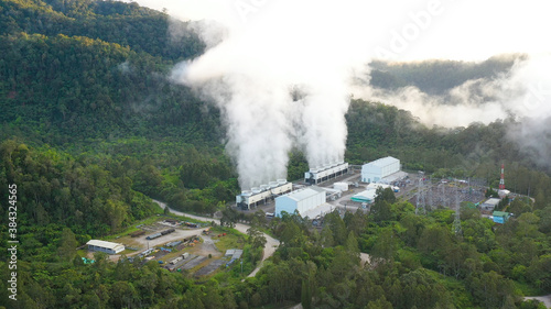 Aerial view of geothermal power production plant. Geothermal power station near to the active volcano Apo. Mindanao  Philippines