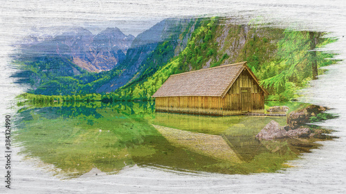 Obersee lake in Alps in summer, Germany, watercolor painting