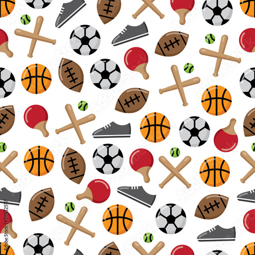 sport seamless pattern with white background, baseball, basketball, football, soccer, ping pong, icon, Fashion print design, vector illustration