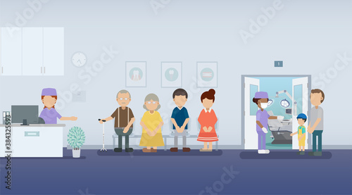 Dental clinic with patients waiting flat design vector illustration