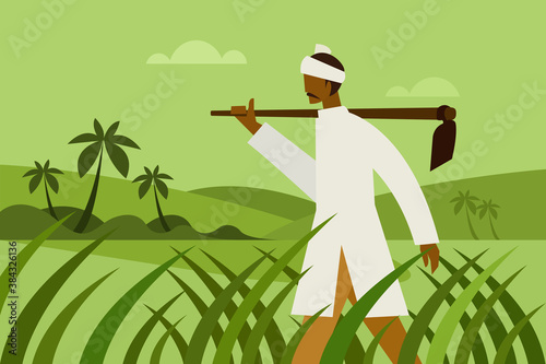 A farmer holding a spade walks through a farm