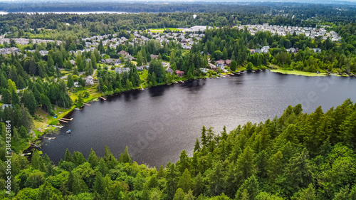 Forest lake near the town, view from above. View from Echo Peak Loop Trail, Renton Washington, USA photo