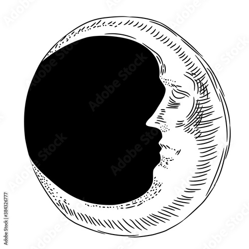 Moon in the form of a month with a human face in profile, a fairy-tale character. The sketch drawing.