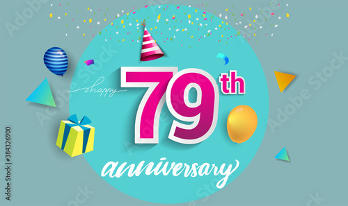 79th Years Anniversary Celebration Design, with gift box and balloons, ribbon, Colorful Vector template elements for your birthday celebrating party. photo