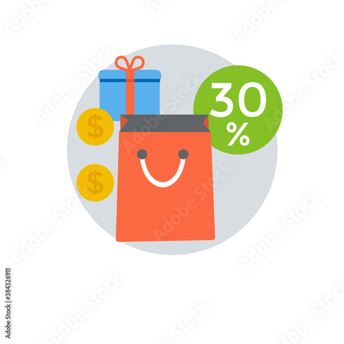 
A gift in cardboard box with a shopping bag, packaging flat icon

