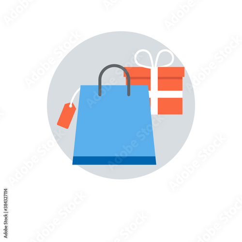 
A gift in cardboard box with a shopping bag, packaging flat icon
