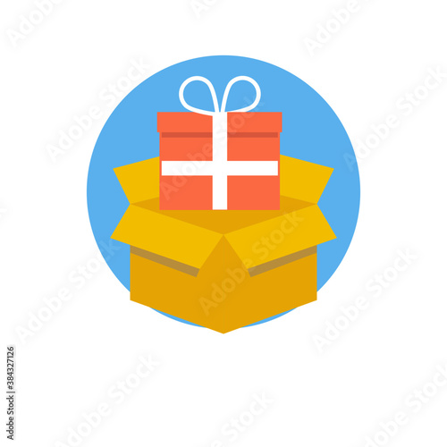 
A gift in cardboard box with a shopping bag, packaging flat icon
