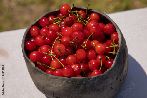 a pot of ripe cherries
