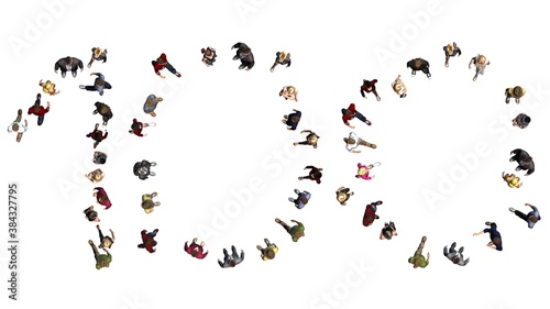 people - arranged in number 100 - top view without shadow - isolated on white background - 3D illustration