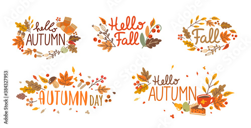 Autumn set of hand drawn lettering. Fall season. Autumn phrases with cute and cozy design elements. Vector illustration isolated on white background.