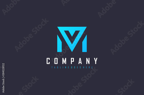 Abstract Initial Letter V and M Linked Logo. Blue Bright Geometric Shape Origami Style isolated on Blue Background. Usable for Business and Branding Logos. Flat Vector Logo Design Template Element.