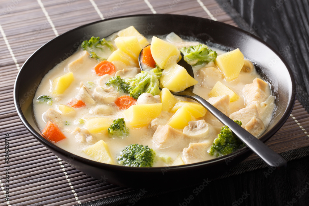 White cream stew is a classic Japanese dish of chicken and vegetables cooked in a cream and butter based sauce close-up in a bowl on the table. horizontal White cream stew is a classic Japanese dish of chicken and vegetables cooked in a cream and butter based sauce close-up in a bowl on the table. horizontal