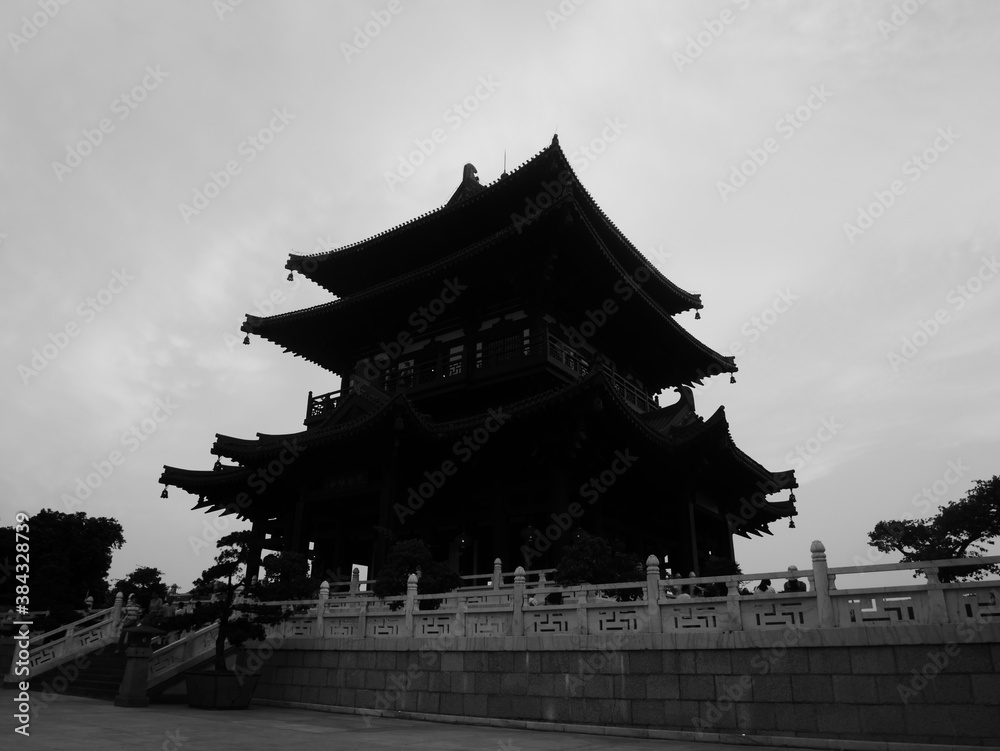 Traditional temple in black and white