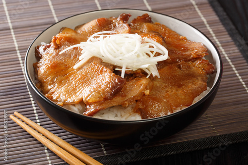 Fotomural Juicy Butadon Japanese fried pork with rice has a light sweetish taste close-up in a bowl on the table