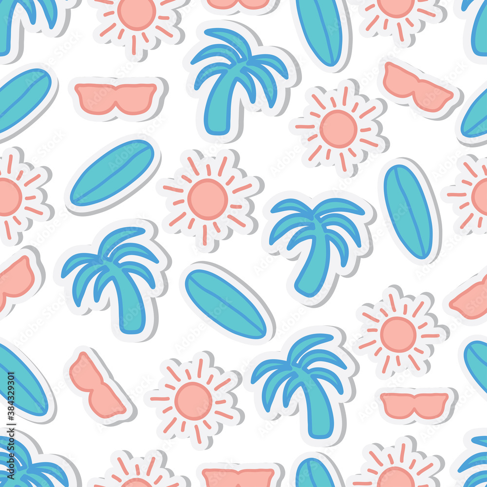 Fototapeta premium Colorful summer seamless pattern with tropical fruits and summer object, summer icon, Fashion print design, vector illustration