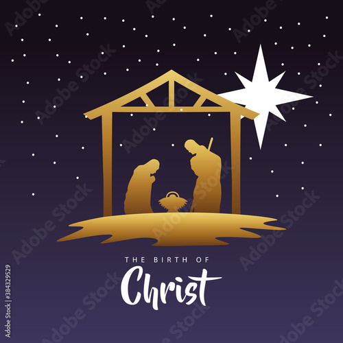 happy merry christmas manger scene with golden holy family in stable silhouette