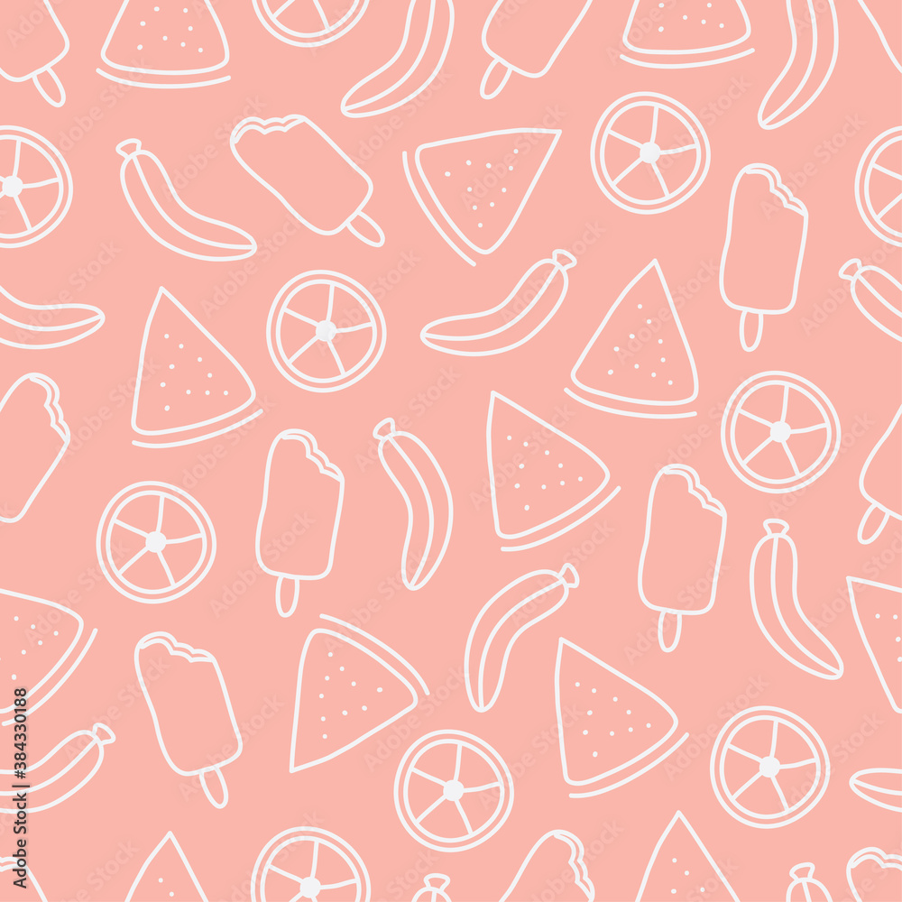Colorful summer seamless pattern with tropical fruits and summer object, summer icon, Fashion print design, vector illustration Colorful summer seamless pattern with tropical fruits and summer object, summer icon, Fashion print design, vector illustration