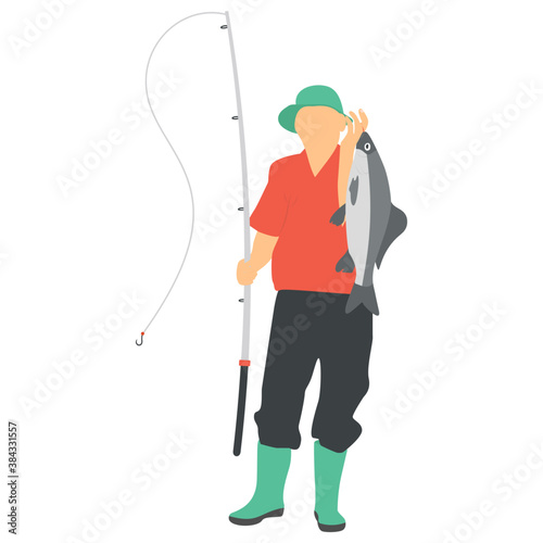
Fisherman holding a sea bass with fishing rod 
