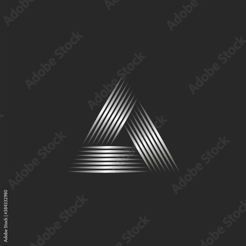 Two triangle logo creative graphic design, infinity shape from thin silver gradient lines, technology symbol t-shirt print