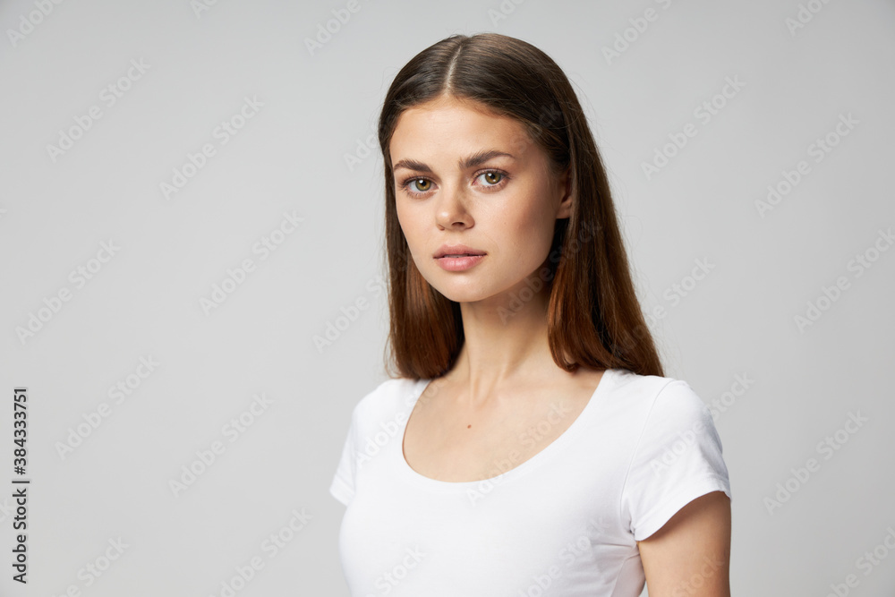 pretty brunette long hair white t-shirt cropped view pretty brunette long hair white t-shirt cropped view