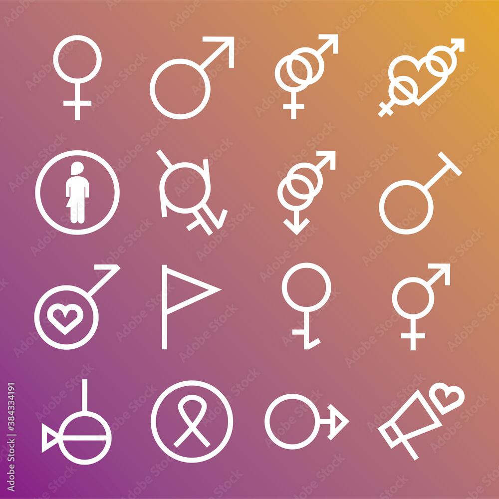 bundle of sixteen gender symbols of sexual orientation degradient style icons