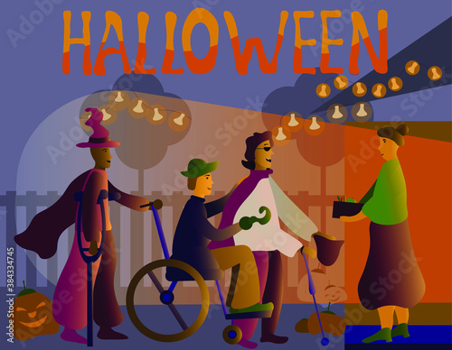 Wheelchair disabled, blind, disabled with crutches celebrate Halloween. People with disabilities celebrate Halloween. Disabled people go home on Halloween. Disabled people collect candy for Halloween