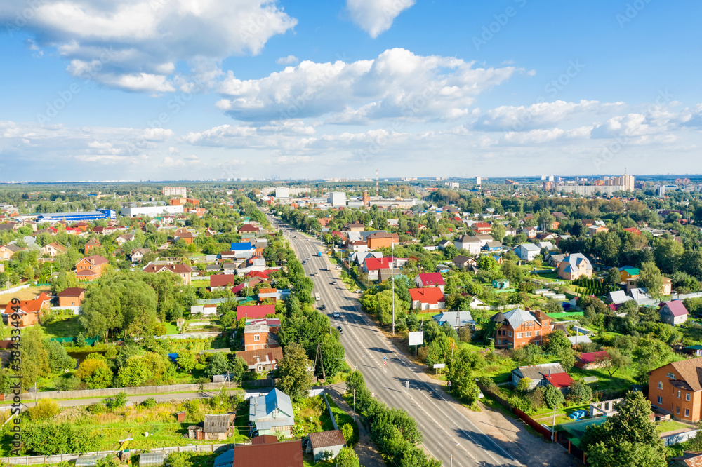 Top view of Volokolamsk highway passing through the village near Moscow