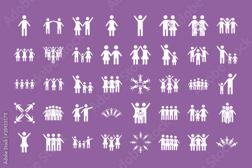 bundle of community and family figures in purple background line style icons