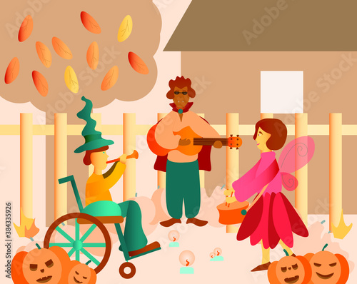 Flat illustration in which children with disabilities celebrate halloween on the street. Children with disabilities play music on the guitar, flute, drum during halloween. Disabled wheelchair user.