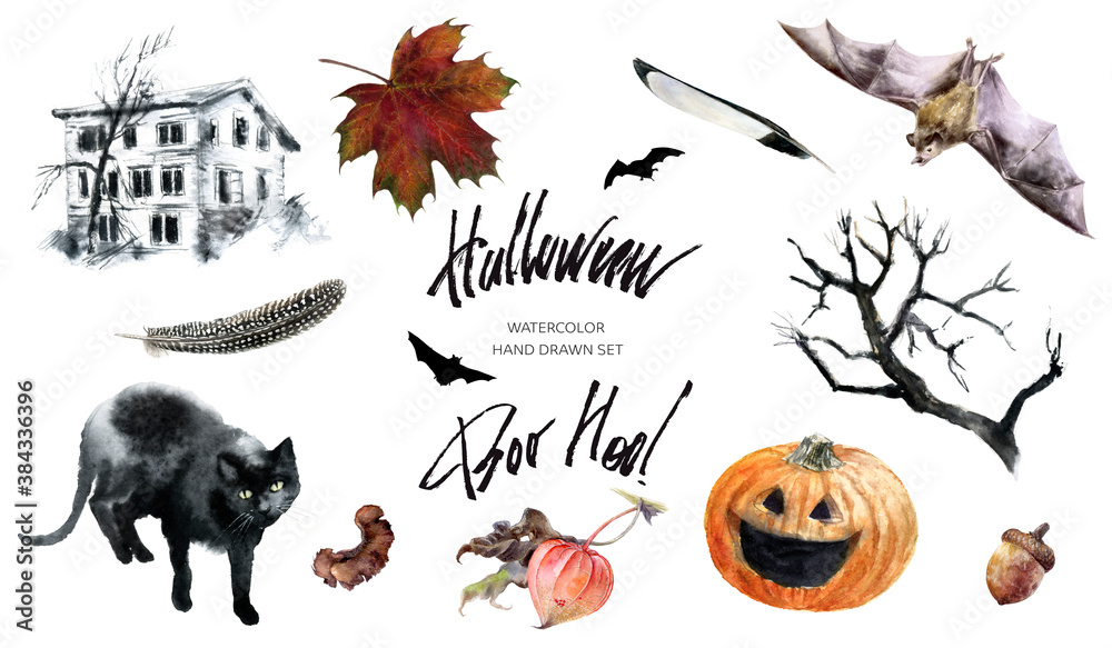 Happy Halloween watercolor illustration set isolated on white background