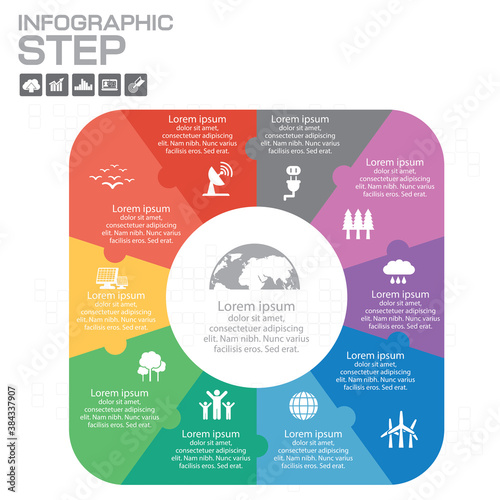 Ten sided, numbered flat rainbow spectrum colored puzzle presentation infographic chart with explanatory text field isolated on white background. Vector graphic template.