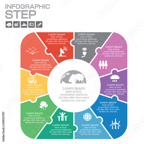 Ten sided, numbered flat rainbow spectrum colored puzzle presentation infographic chart with explanatory text field isolated on white background. Vector graphic template.