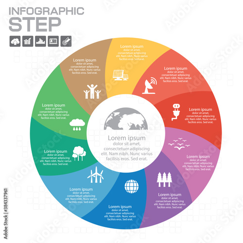 Ten sided, numbered flat rainbow spectrum colored puzzle presentation infographic chart with explanatory text field isolated on white background. Vector graphic template.