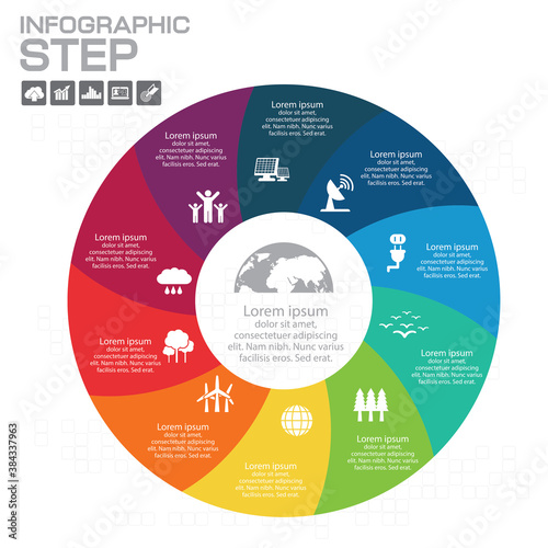 Ten sided, numbered flat rainbow spectrum colored puzzle presentation infographic chart with explanatory text field isolated on white background. Vector graphic template.