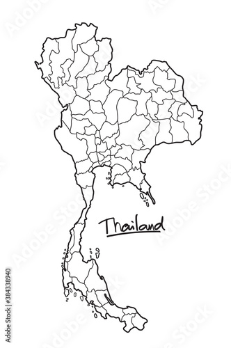 Thailand map vector demarcate province in Thailand isolated on white background  shape outline of Thailand. Freehand style.