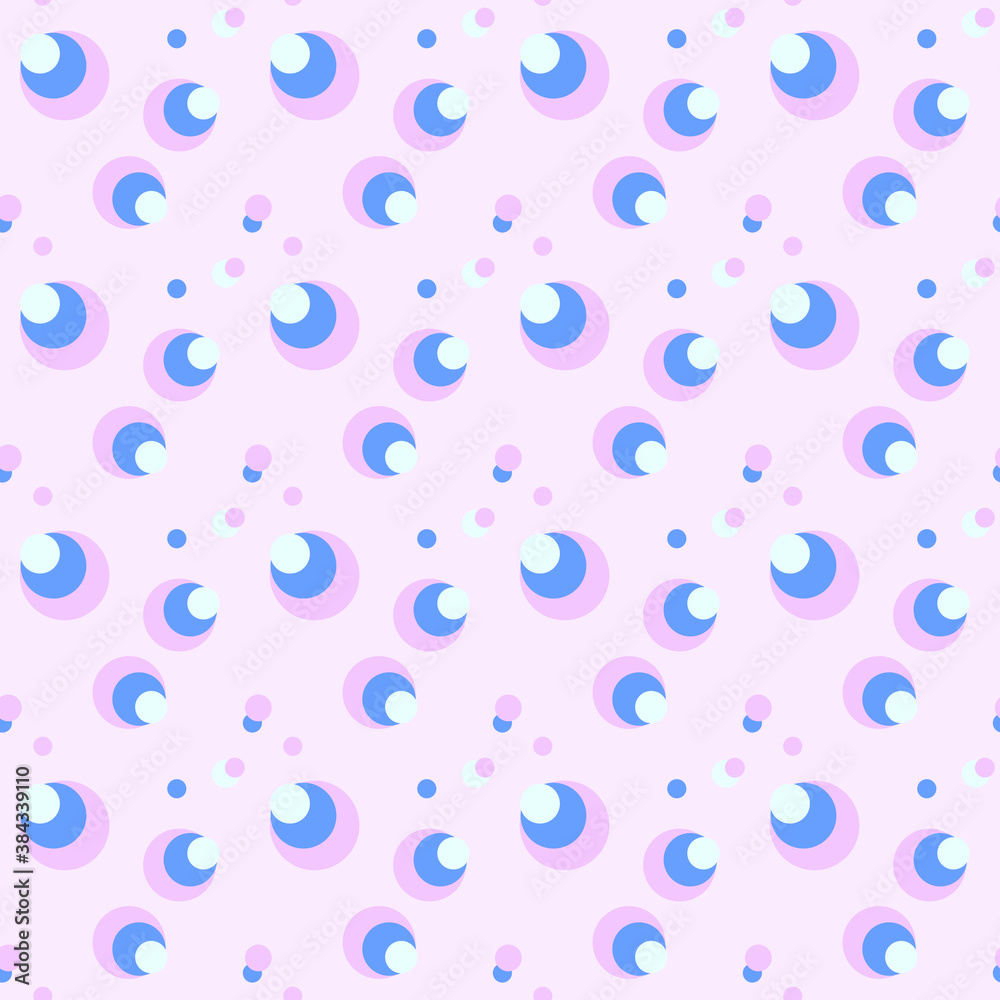 Violet, blue, aquamarine circles on a pink background. Chaotic spherical shapes. Seamless pattern. Multicolored abstract design for wallpaper, wrapping paper, textile, websites