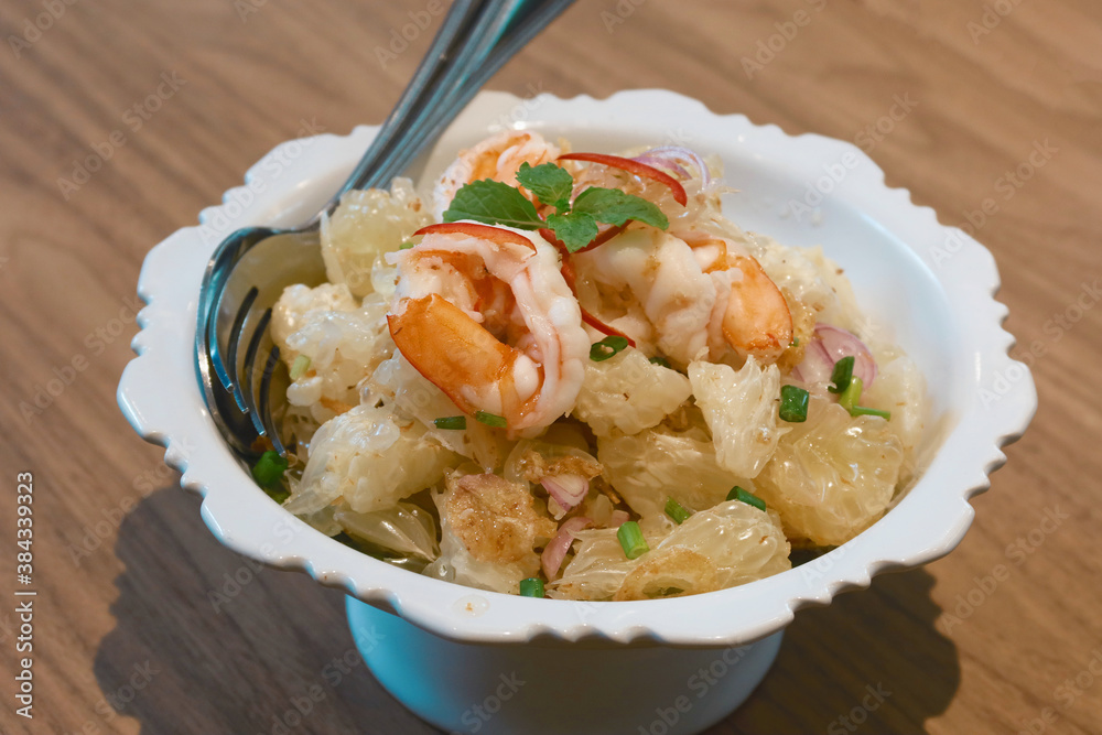 top view of prawn spicy salad with grapefruit