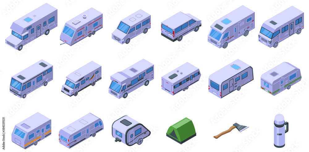 Auto camping icons set. Isometric set of auto camping vector icons for web design isolated on white background