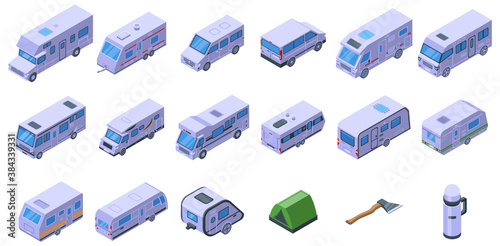 Auto camping icons set. Isometric set of auto camping vector icons for web design isolated on white background