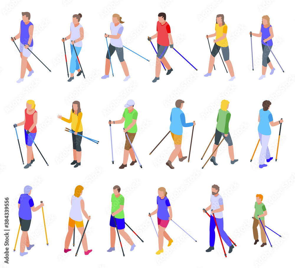 Nordic walking icons set. Isometric set of nordic walking vector icons for web design isolated on white background