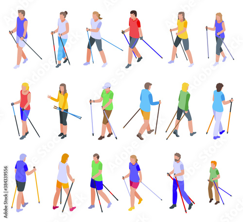 Nordic walking icons set. Isometric set of nordic walking vector icons for web design isolated on white background
