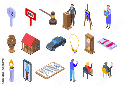 Auction icons set. Isometric set of auction vector icons for web design isolated on white background