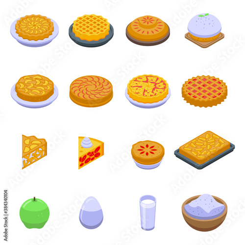 Apple pie icons set. Isometric set of apple pie vector icons for web design isolated on white background